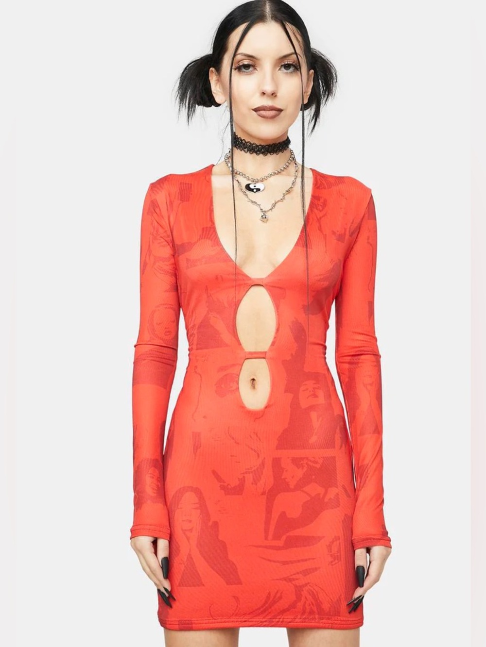 Edikted Red Long-Sleeve V-Neck Cutout Dress xs